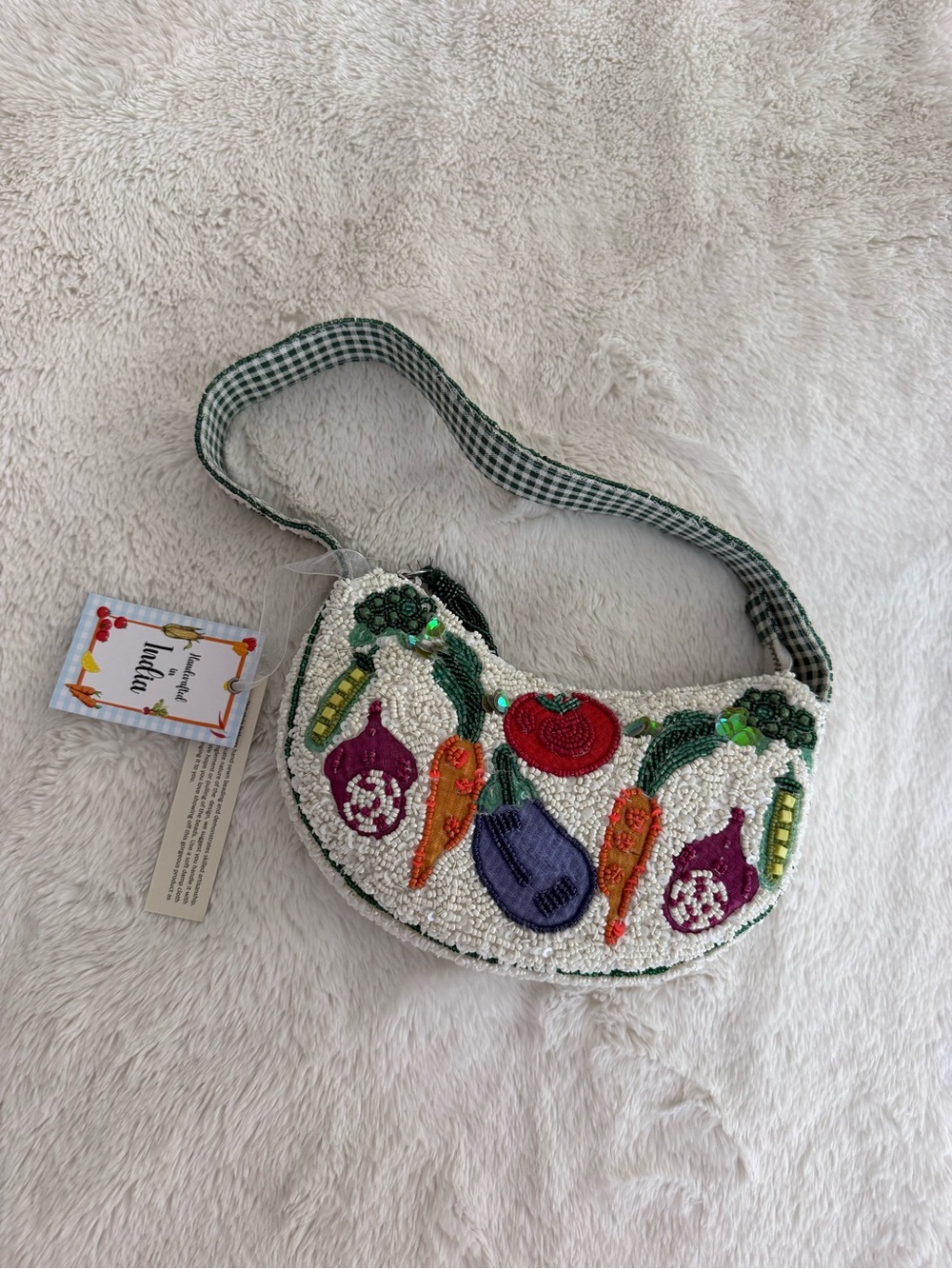 NWT Hand-Beaded Vegetable Motif Shoulder Bag in White tassel, green gingham